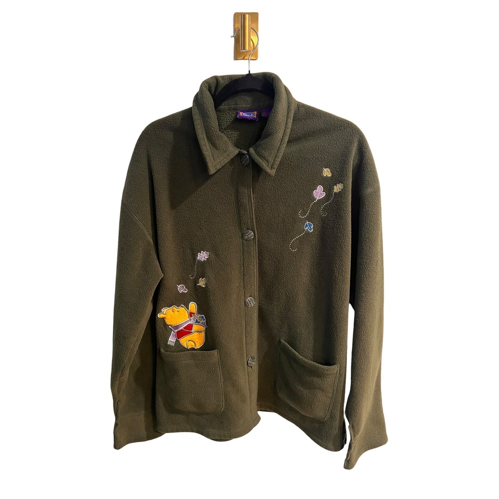 Vintage Disney Winnie‎ the Pooh Olive Green Fleece Button Up Jacket Medium